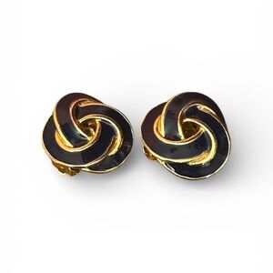 VTG Donald Stannard Navy Blue Enamel Knot Clip On Earrings Gold Tone Bold 80s